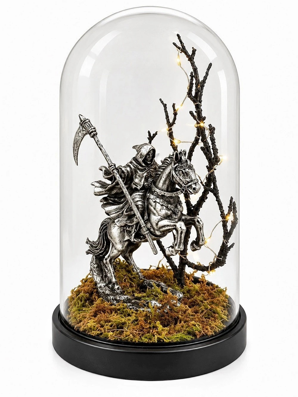 Grim Reaper Knight on Horse LED Lighted Glass Cloche Dome Halloween Gothic Decor